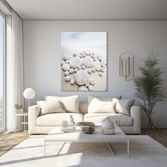 A mock-up of a modern living room, white couch, walls, and a rug. A natural light comes into the room.