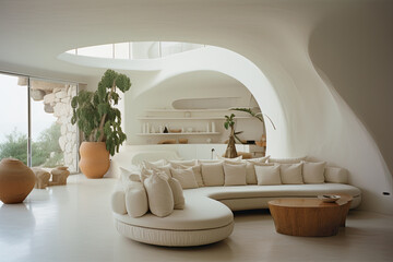 A living room with white sofa and wood furniture, light beige walls, soft renderings, minimalist stage designs, organic stone carvings