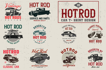Hotrod Car Vector T-shirt Design Bundle. American hotrod classic car t-shirt graphic. vintage hot rod cars tee shirts. - obrazy, fototapety, plakaty