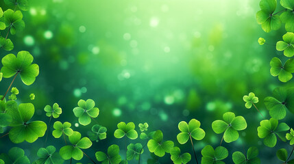 St.Patrick 's Day. Green wooden background with clover leaves.