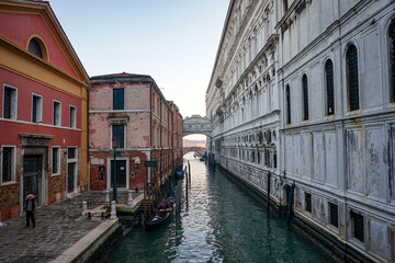 A back view of Bridge of Sighs with a gondolas and gondolier, venice, Italy