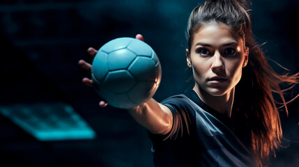 Focused female athlete in action, dynamic handball game moment, competitive sports
 - obrazy, fototapety, plakaty