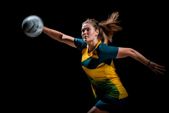 Agile handball player mid-air throw, intense sports match, athleticism
