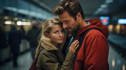 Fototapeta premium Generative ai illustration of emotional farewell at an airport couple