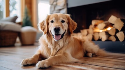 Cute golden retriever resting near the sofa in the living room at home