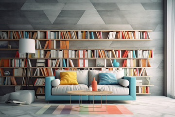 A bookcover modern interior design, very colorful. Many book shelves on the background.
