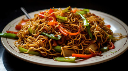 Chow mein in a plate, authentic asian spicy noodles. AI