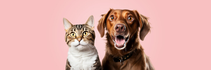 Portrait of a dog and cat on a colored background.