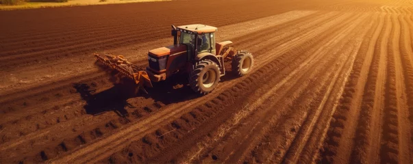 Foto op Plexiglas Tractor on the field by sunset. top or aerial view © Michal
