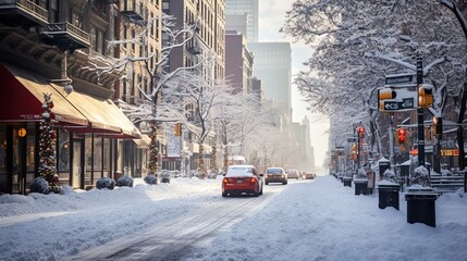 Central street in New York under the snow - obrazy, fototapety, plakaty