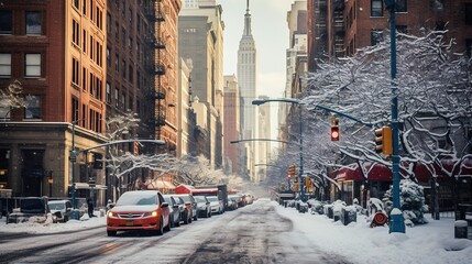 Central street in New York under the snow - obrazy, fototapety, plakaty