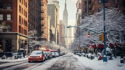 Tuinposter Central street in New York under the snow © DZMITRY
