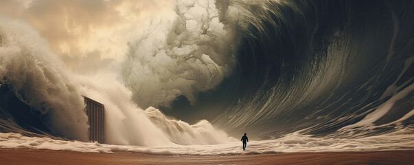 Big wave comming on the beach in front of man