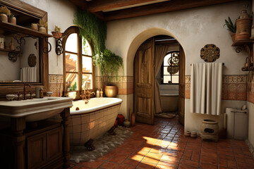 An old fashioned bathroom. Flowers and warm light. - obrazy, fototapety, plakaty