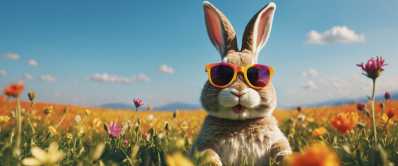 Adorable bunny wearing sunglasses in a colorful spring meadow