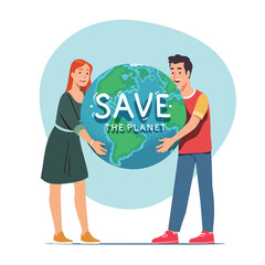 Volunteers man, woman saving Earth planet. Happy persons holding taking care of green world globe sphere with love. Environment protection, ecology conservation concept flat vector illustration
