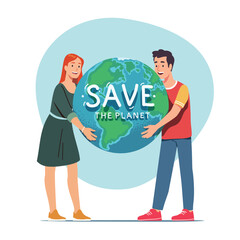 Volunteers man, woman saving Earth planet. Happy persons holding taking care of green world globe sphere with love. Environment protection, ecology conservation concept flat vector illustration