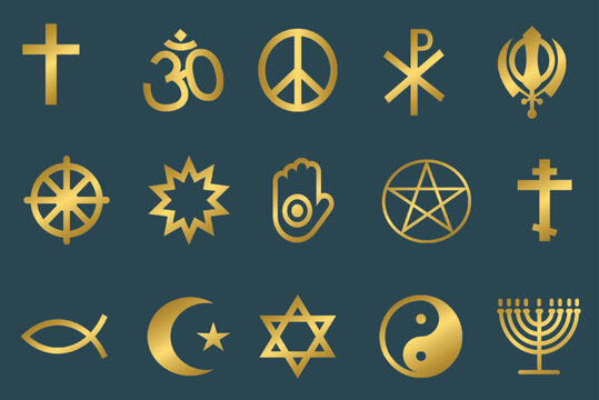 Set of golden religious symbols, gold religion symbols, signs