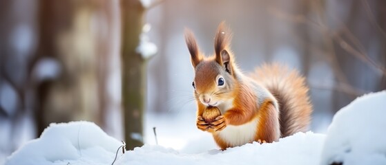 Cute red squirrel eats a nut in the winter forest - obrazy, fototapety, plakaty