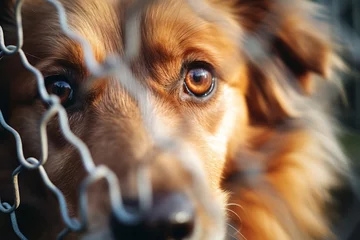 Rolgordijnen Close up of a stray dog in the quarantine cage background . © Virtual Art Studio
