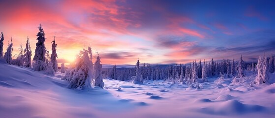 Beautiful winter snowy natural landscape at sunset