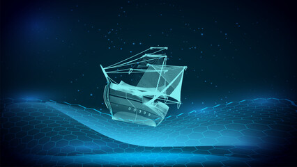 A futuristic blue galleon sails the holographic sea with hexagonal laser projection.