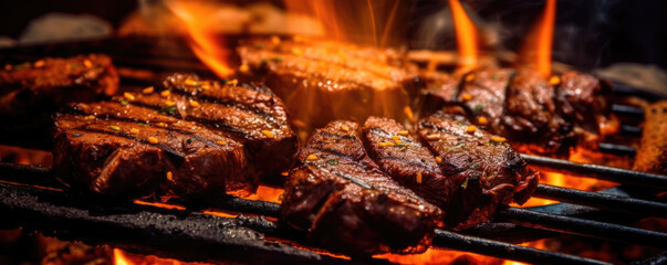 Fototapeta premium vegetable and steak meat on grill. with flames behind.