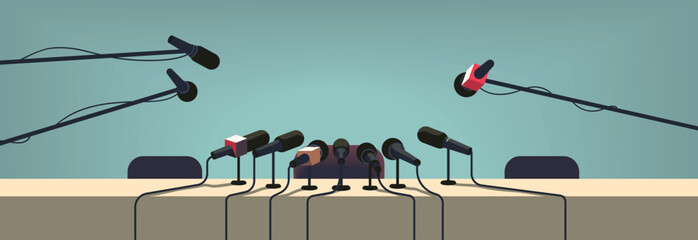 Press conference table with microphones equipment, empty chairs. Interview speech mass media event, news report presentation broadcasting, professional journalism, politics flat vector illustration - obrazy, fototapety, plakaty