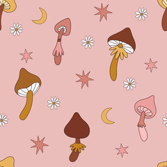 Seamless pattern with retro mushrooms. Retro 70s 60s psychedelic groovy mushroom. Vintage boho illustrations. Hippie background for wallpaper, fabric.