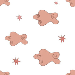 Seamless vector pattern with cute baby magic retro pink clouds With stars