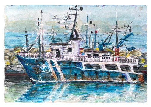 Old boat, ship watercolor illustration