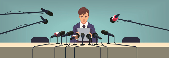 Speaker business man or politician person sitting at press conference table with microphones. Public interview speech media event, news report presentation, journalism flat vector illustration - obrazy, fototapety, plakaty