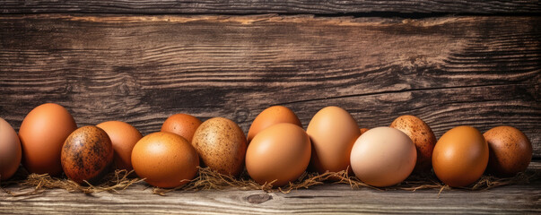 Chicken brown eggs on old wooden background