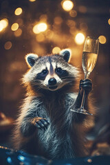 Cute funny raccoon with a glass of champagne celebrating the new year. Cozy Christmas lights in the background. Holiday, festive atmosphere - obrazy, fototapety, plakaty