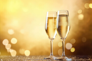 Glasses of champagne on a festive background, party or holiday concept. New Year or Christmas sparkling background. Gold and black colors.