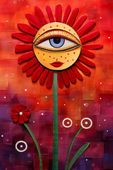 Spring princess flora the prettiest daisy flower in the blooming meadow, surreal radiant beauty - painterly art style with vibrant ravishing red and captivating sunset orange colors. - obrazy, fototapety, plakaty