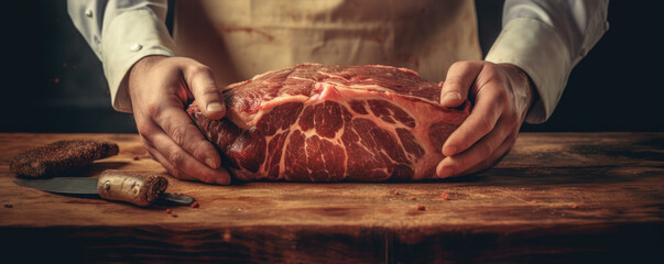 Butcher in work, beef meat withhout bone on a wooden cutting board. copy space for text.