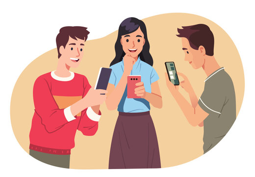 Woman, men friends using mobile cell phones together. Smiling smartphone users persons surfing on Internet, communicating online. Gadget addiction, communication technology flat vector illustration