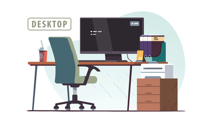 Empty office workplace chair, desk with desktop computer, documents folders. Office work place with coffee cup, clock, printer equipment. Business workspace, job occupation flat vector illustration