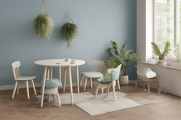 Fototapeta premium Modern Clean Contemporary Nile Blue Kitchen, Minimalist Interior Design, Wooden Dining Table