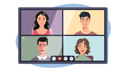 Fototapeta na wymiar Friends or colleagues men, women talking by video conference call. Persons meeting by online chat on tablet computer or monitor screen. Virtual distance internet communication flat vector illustration
