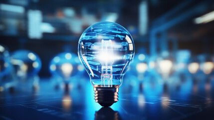 Glowing light bulb on abstract blue background