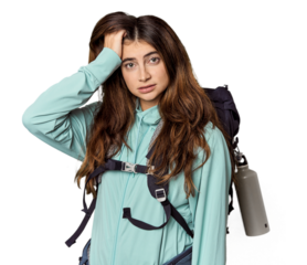 Young Caucasian woman with mountain backpack being shocked, she has remembered important meeting.