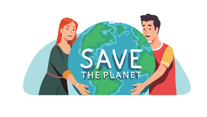 Volunteers man, woman saving Earth planet. Persons holding embracing taking care of green world globe sphere with love. Environment protection, ecology conservation concept flat vector illustration