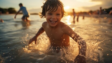 Happy little child playing water in the beach sea. AI generated image - obrazy, fototapety, plakaty