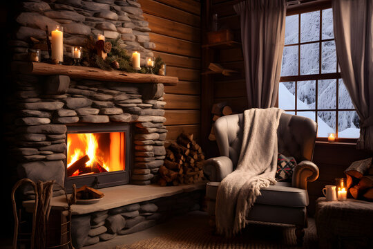 Cozy winter cabin rustic interior with fireplace