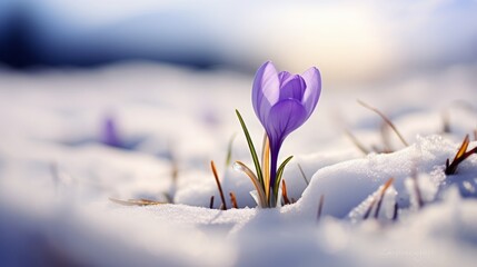 macro tilt-shift, first signs of spring, a purple crocus grows from a snow covered field, copy space, 16:9 - obrazy, fototapety, plakaty