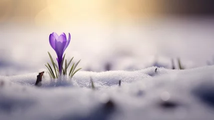  macro tilt-shift, first signs of spring, a purple crocus grows from a snow covered field, copy space, 16:9 © Christian