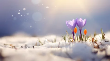 Poster macro tilt-shift, first signs of spring, a purple crocus grows from a snow covered field, copy space, 16:9 © Christian