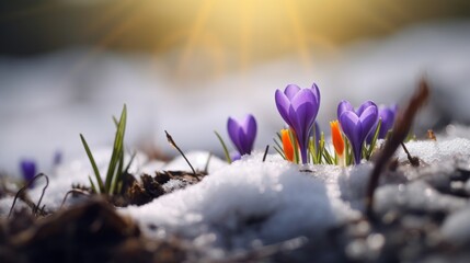 macro tilt-shift, first signs of spring, a purple crocus grows from a snow covered field, copy...